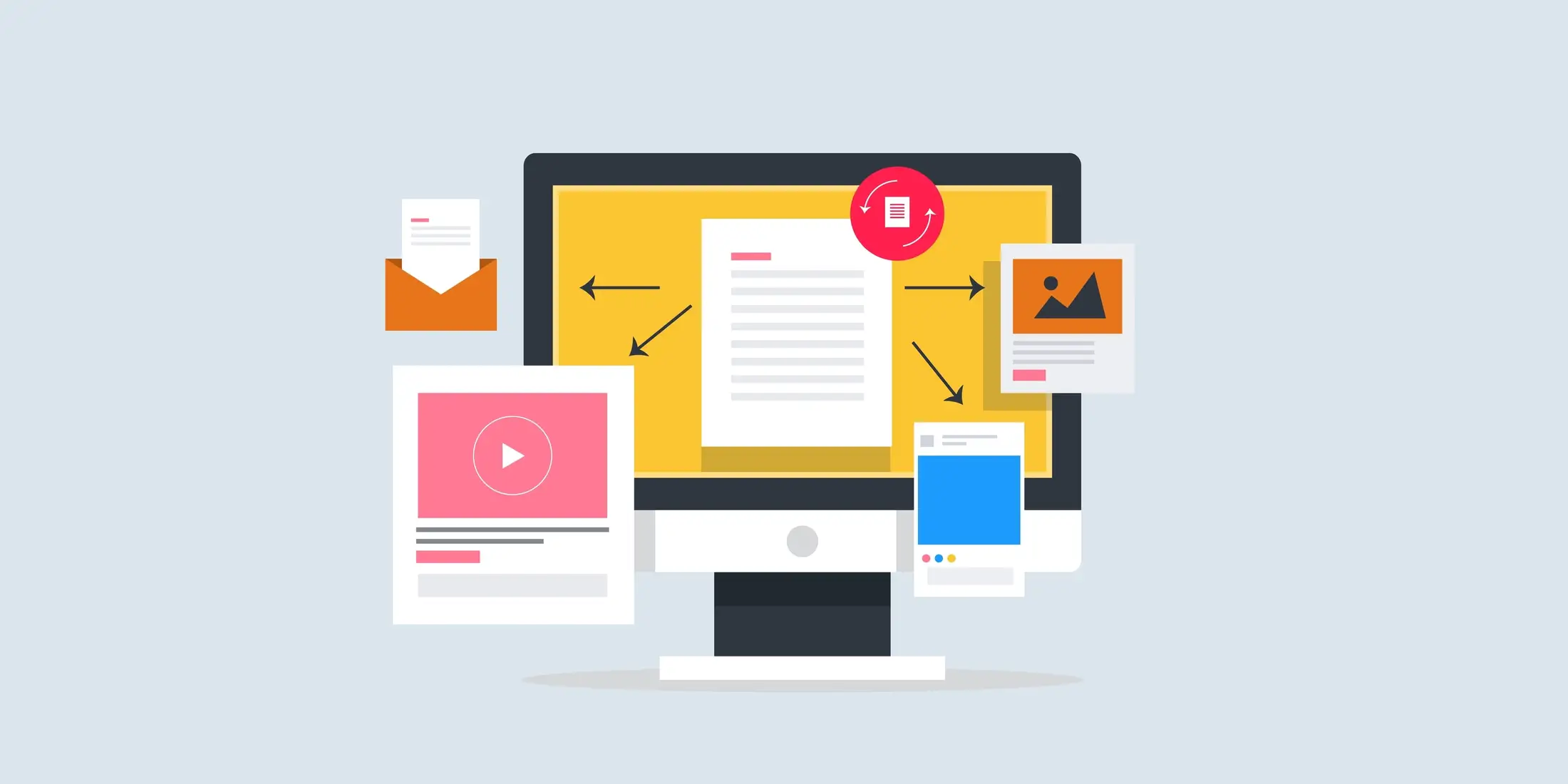 content-repurposing-strategies Content repurposing workflow showing transformation of content across multiple formats