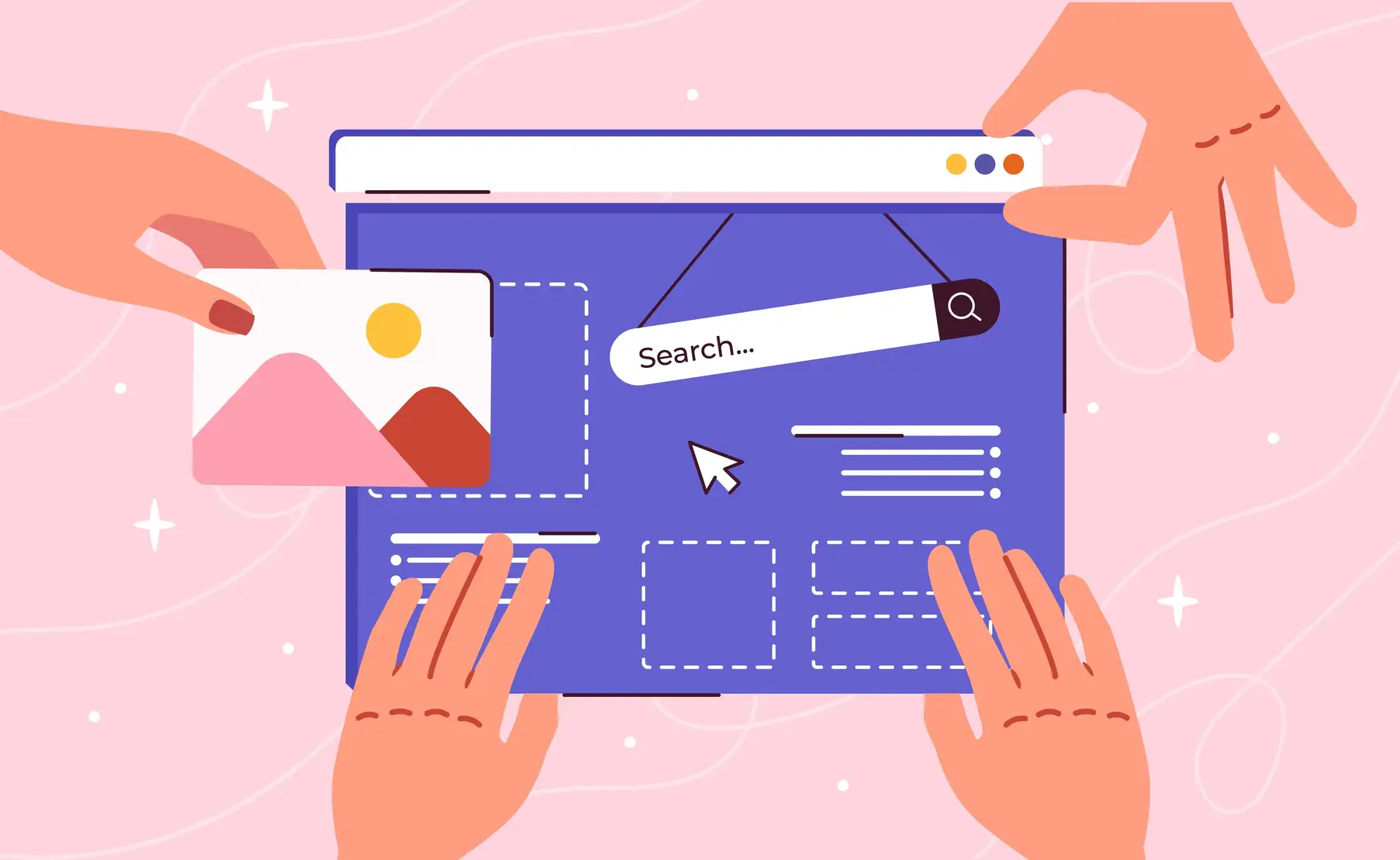 signs-your-business-needs-website-redesign Web redesign process showing hands customizing modern site interface and search tools