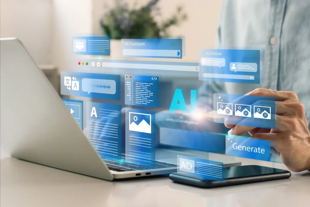 AI marketing dashboard showing content generation tools and chatbot features on laptop