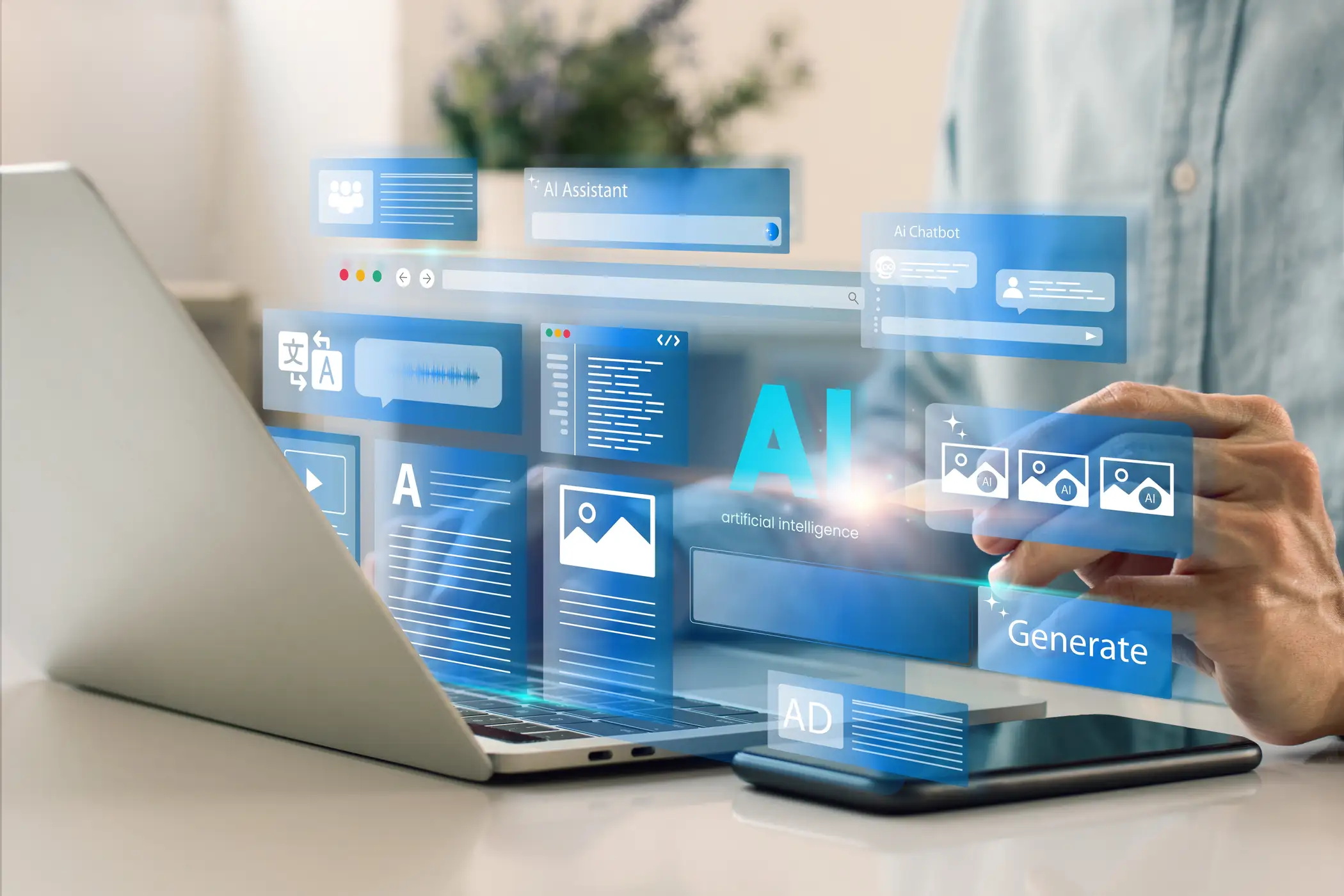AI marketing dashboard showing content generation tools and chatbot features on laptop AI marketing dashboard showing content generation tools and chatbot features on laptop