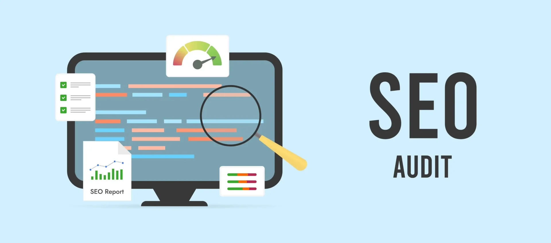 Technical SEO checklist display with audit metrics and performance gauge Technical SEO checklist display with audit metrics and performance gauge