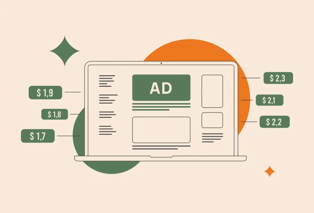Programmatic advertising real-time bidding example showing ad prices on laptop screen