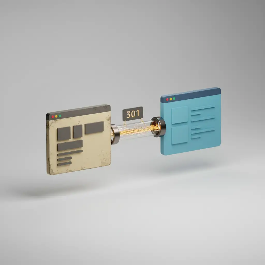 301 Redirects: SEO Impact, Implementation, and Best Practices 3D graphic showing how 301 redirections transfer SEO value from an old to a new URL.