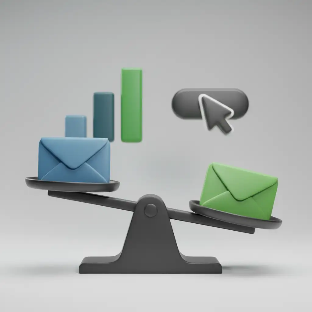 3D scale showing A/B testing for email campaigns, with the green version winning.