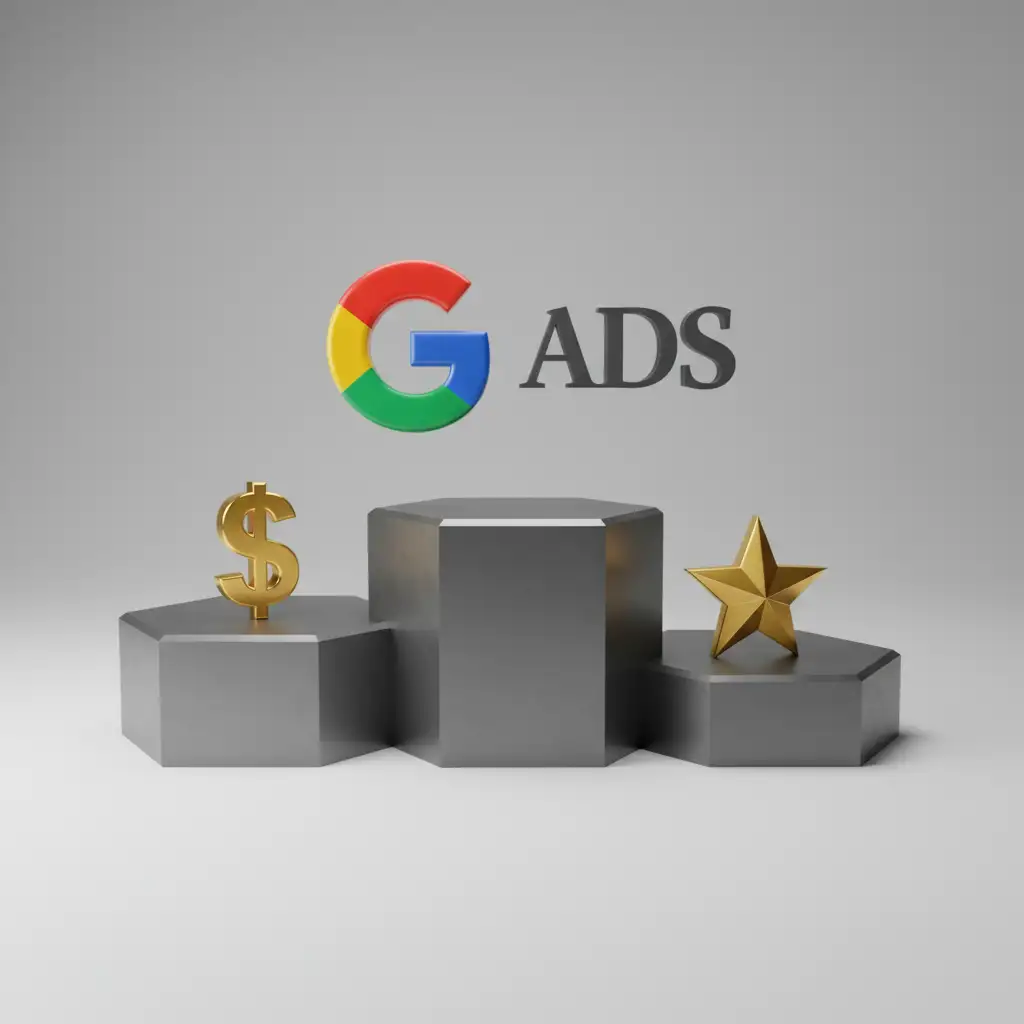 Optimize Google Ads: Ad Rank Formula, Quality Score, and Bidding Strategy 3D podium showing how bids and quality score affect ad rank in Google Ads.