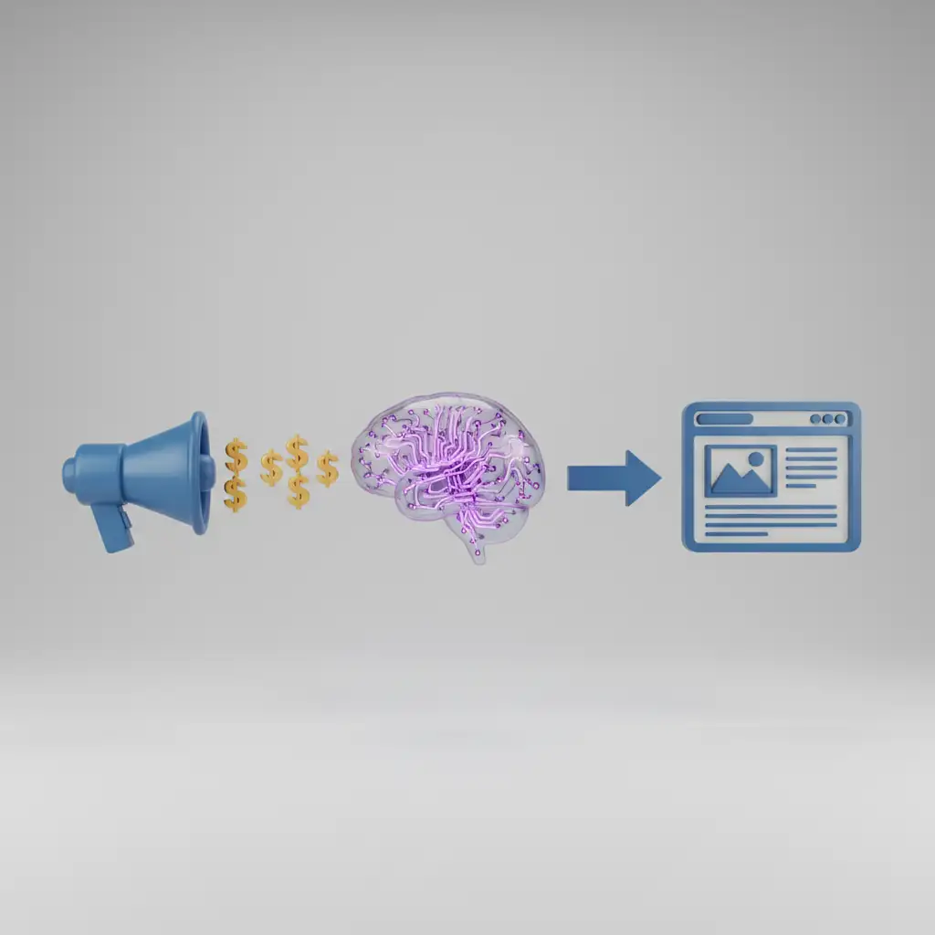 Ad Tech Simplified: Understanding Programmatic Advertising for SMBs 3D flowchart with ad tech explained: an advertiser's bid reaches a user on a website.