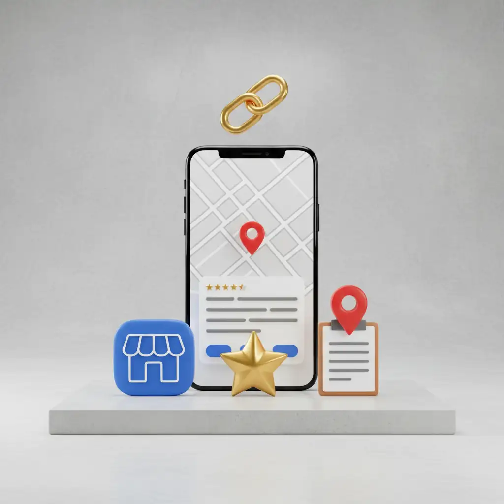 Master the Google 3-Pack: Local SEO Strategy for Better Visibility 3D infographic of local SEO icons that help businesses rank in the 3 pack on Google.