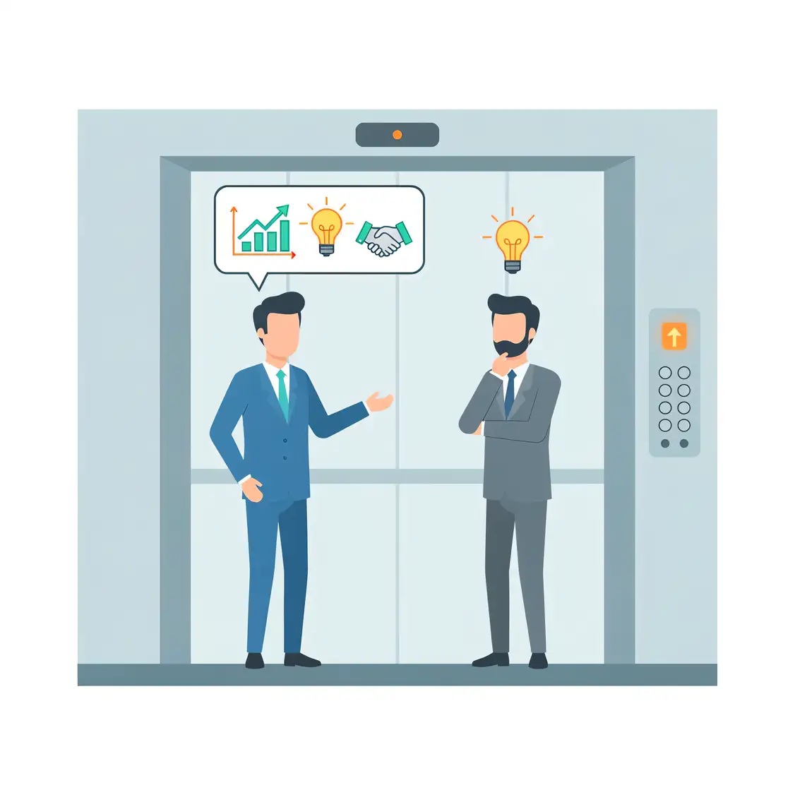 Craft the Perfect Pitch: Elevator Speech Examples & a Simple Formula Two professionals discussing elevator speech examples, sparking an idea.