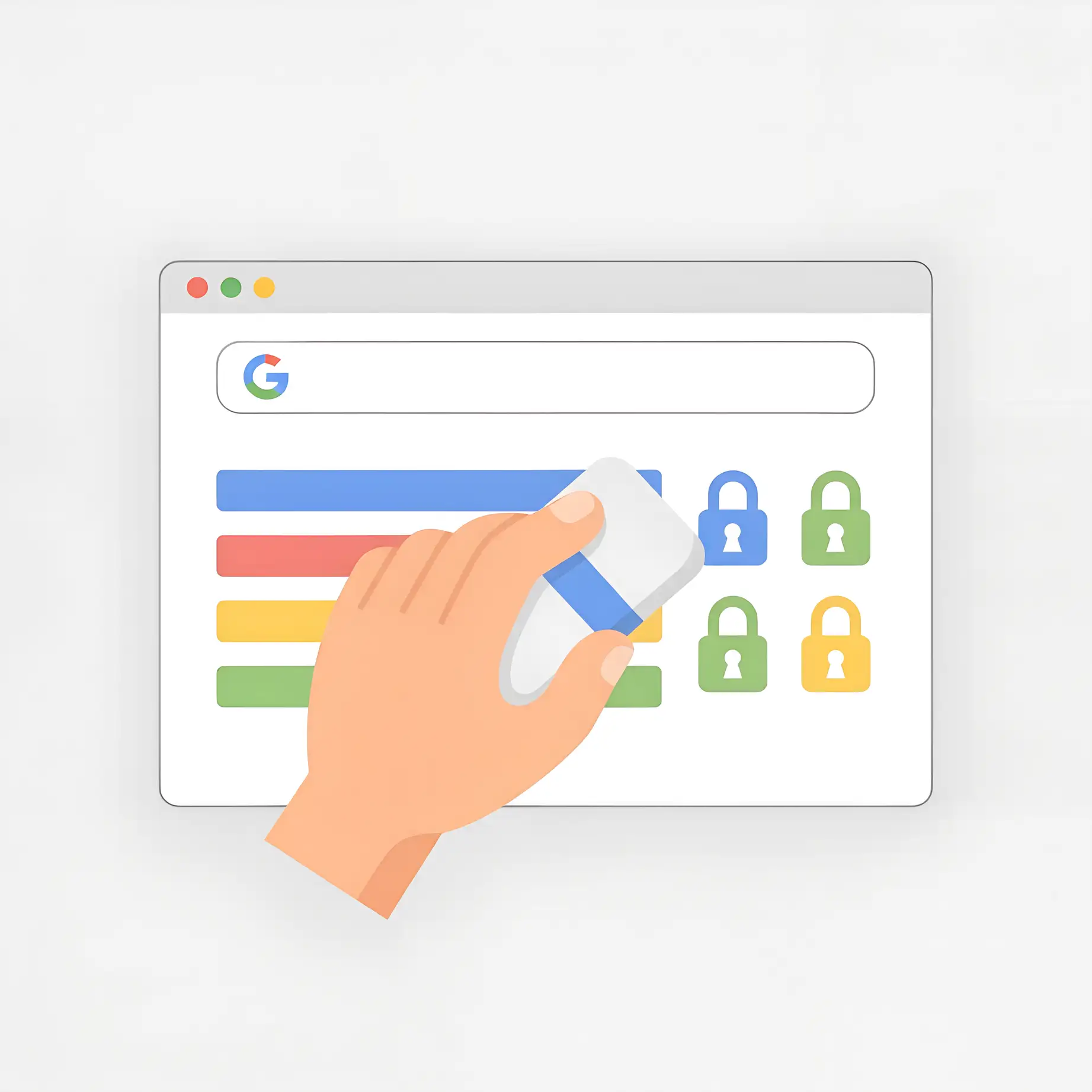 Illustration of how to erase history on Google search, turning results into padlocks.