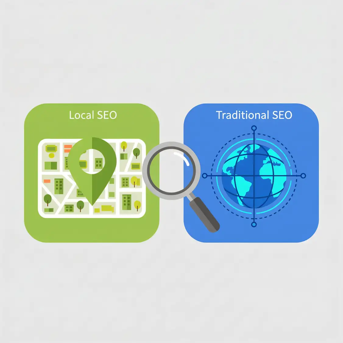 Local SEO vs. Traditional SEO: Key Differences & How to Choose Comparing local SEO vs. traditional SEO with a map pin and a globe icon.
