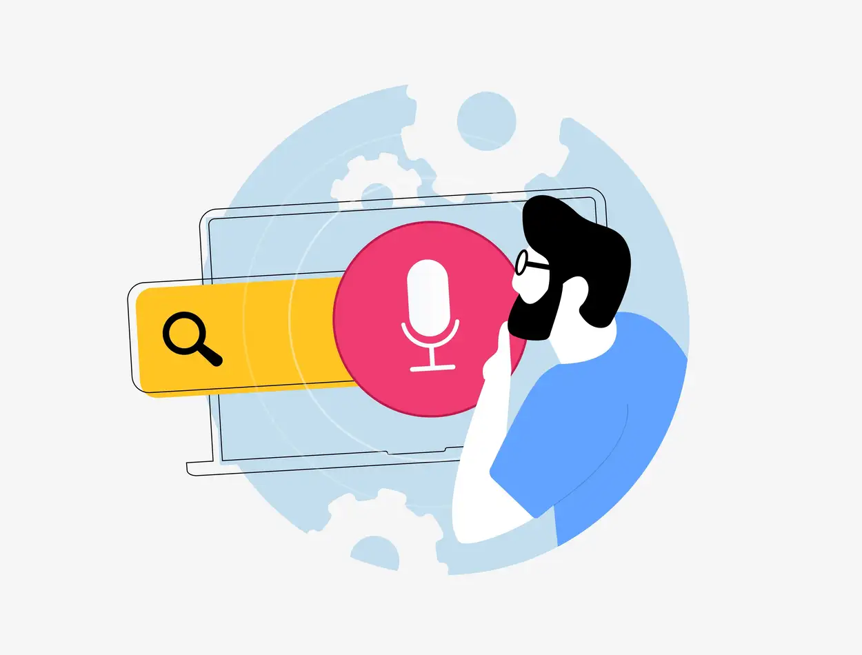 Voice Search Optimization: Preparing Your Business for the Future of Search A man considers voice search optimization with a search bar and microphone icon.